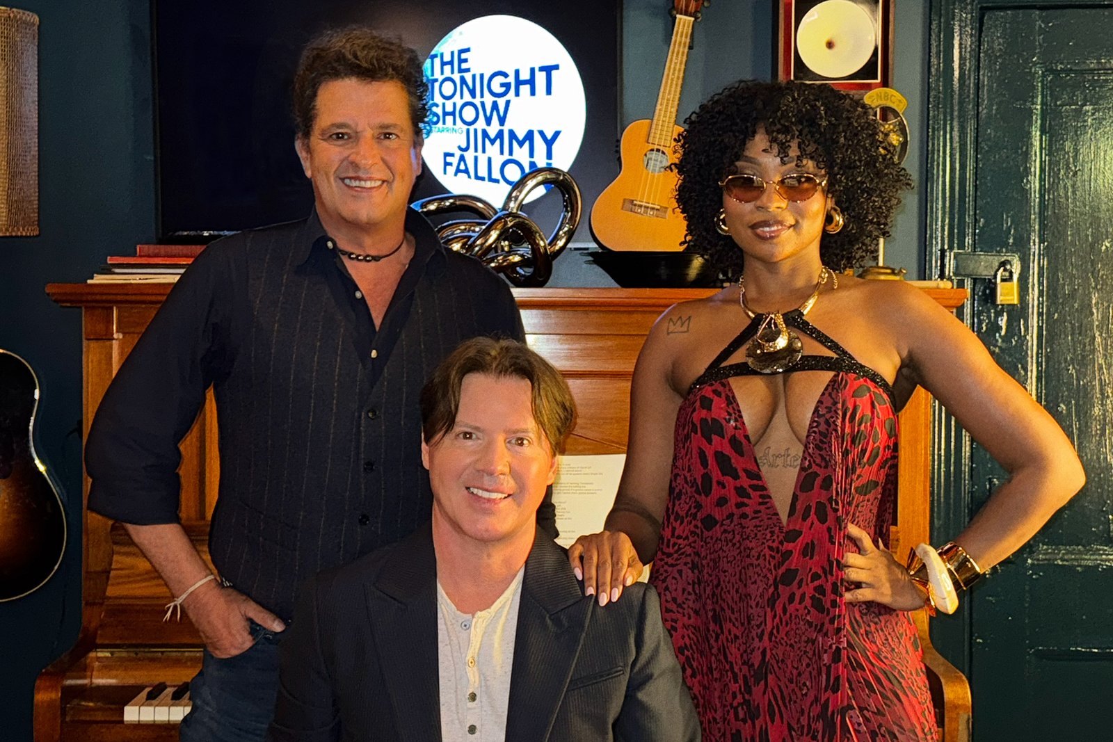 L to R: Carlos Vives, Arthur Hanlon and Goyo get ready to perform at "The Tonight Show Starring Jimmy Fallon" on Sep. 2, 2025 in New York.