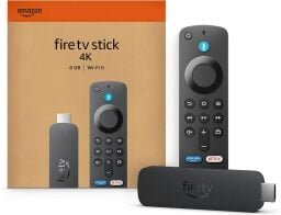 fire tv stick 4k and box against a white background