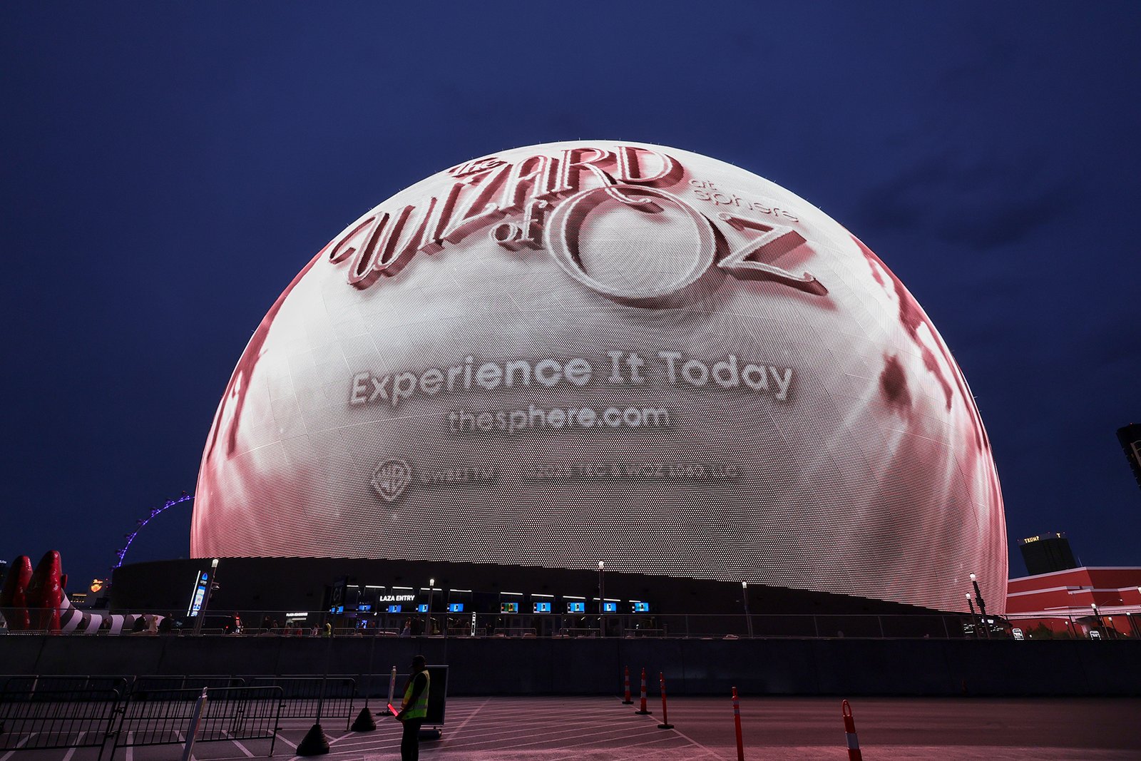 Sphere lights up with an advertisement for "The Wizard of Oz at Sphere" ahead of the show's premiere on August 28, 2025 in Las Vegas, Nevada.