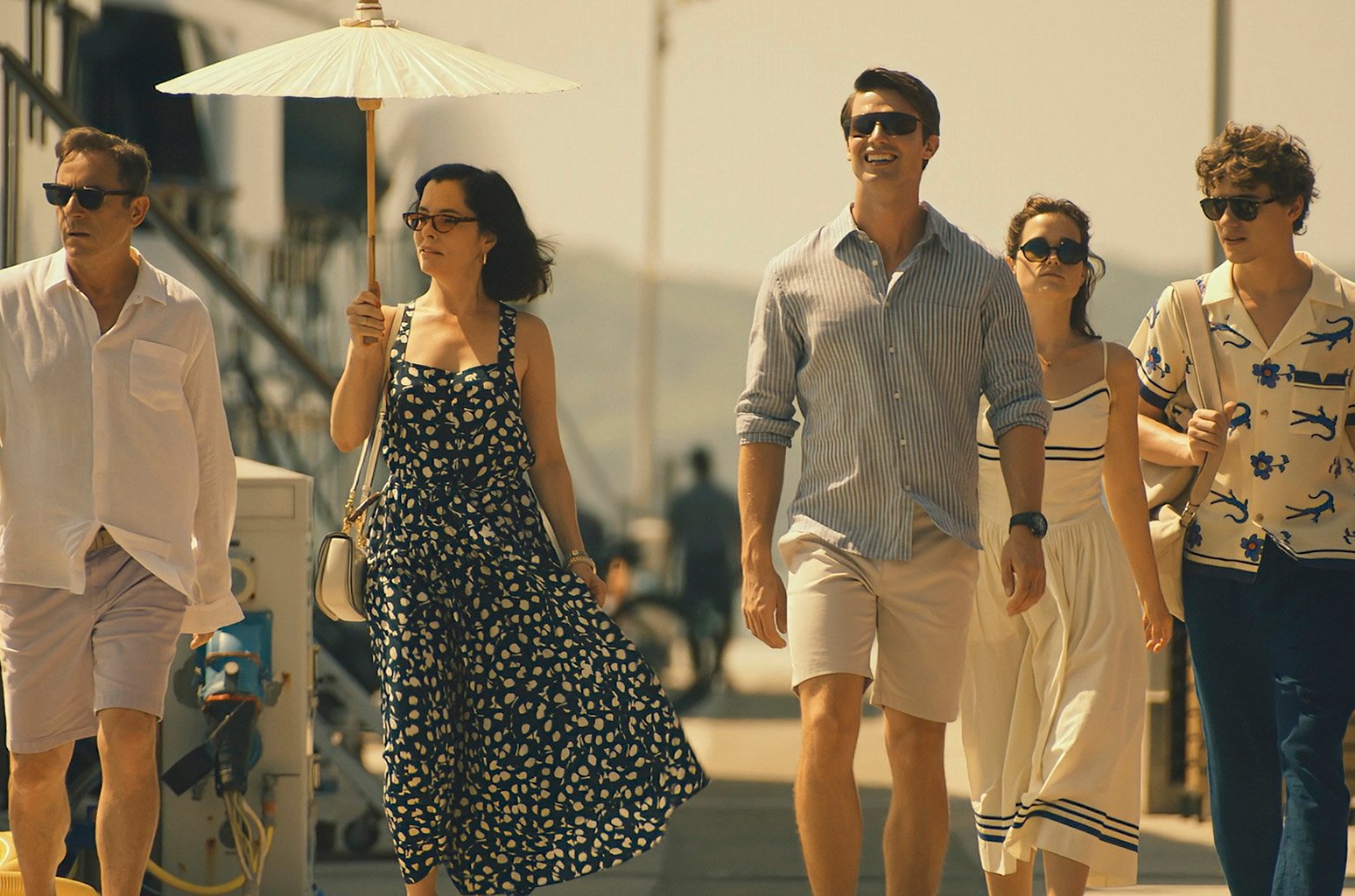 Jason Isaacs, Parker Posey, Patrick Schwarzenegger, Sarah Catherine Hook and Sam Nivola in 'The White Lotus' season 3