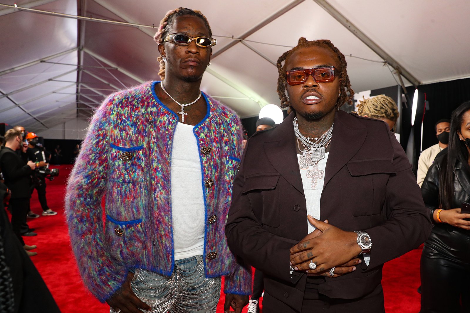 (L-R) Young Thug and Gunna attend the 2021 BET Hip Hop Awards at Cobb Energy Performing Arts Center on October 01, 2021 in Atlanta, Georgia.