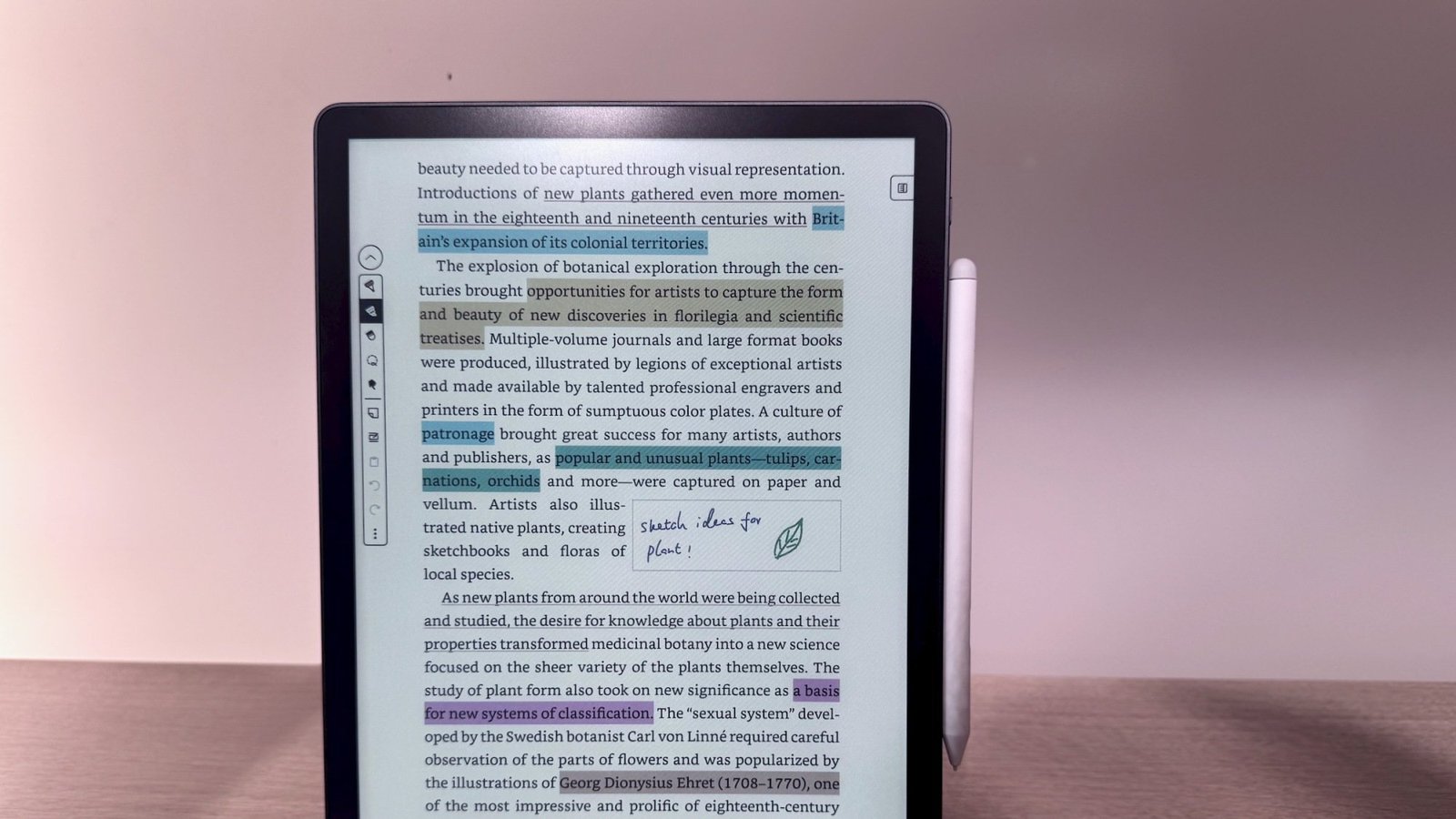 close-up view of Kindle Scribe Colorsoft with notes taken on display