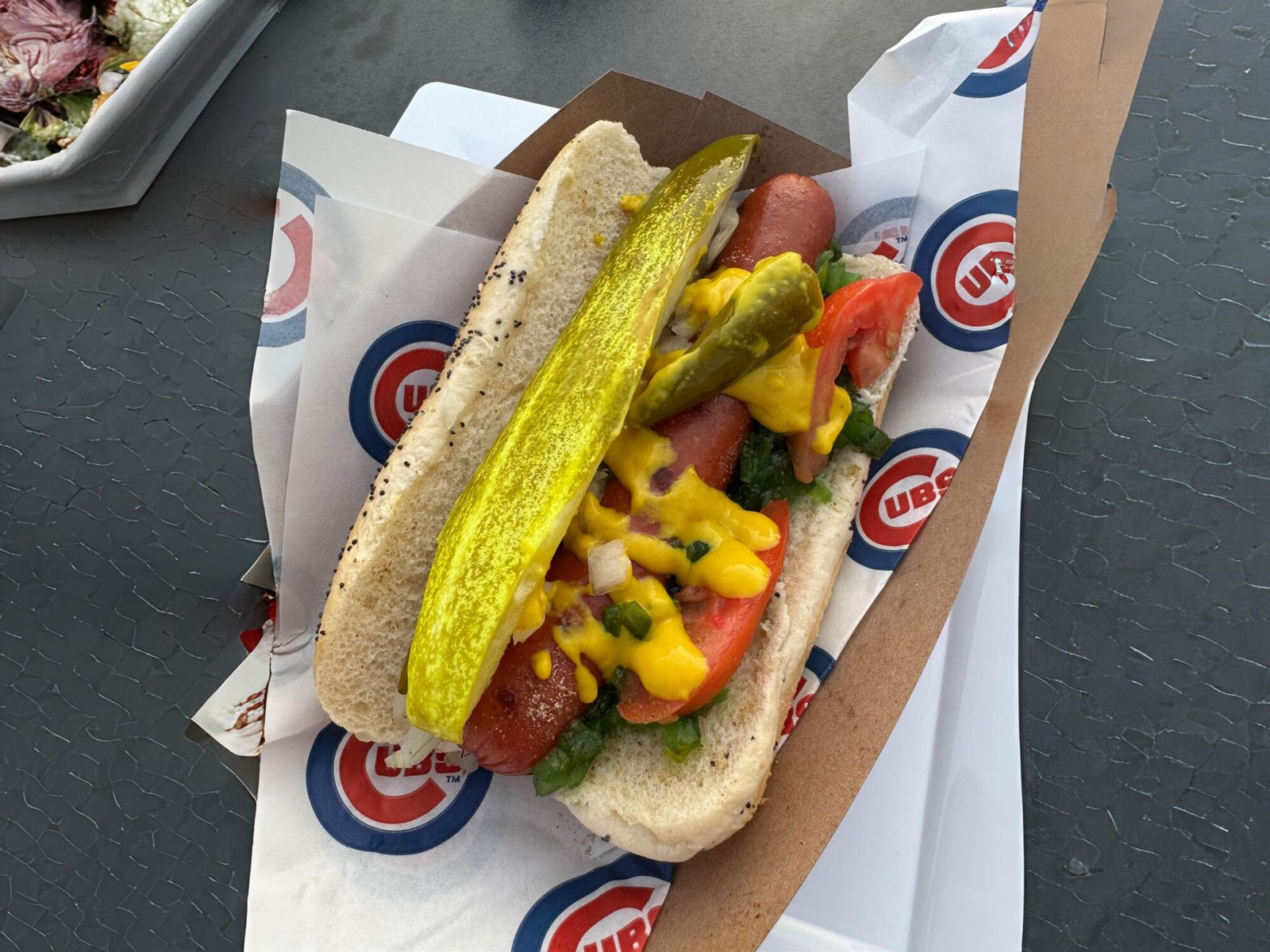 an edited picture of a hot dog from wrigley field