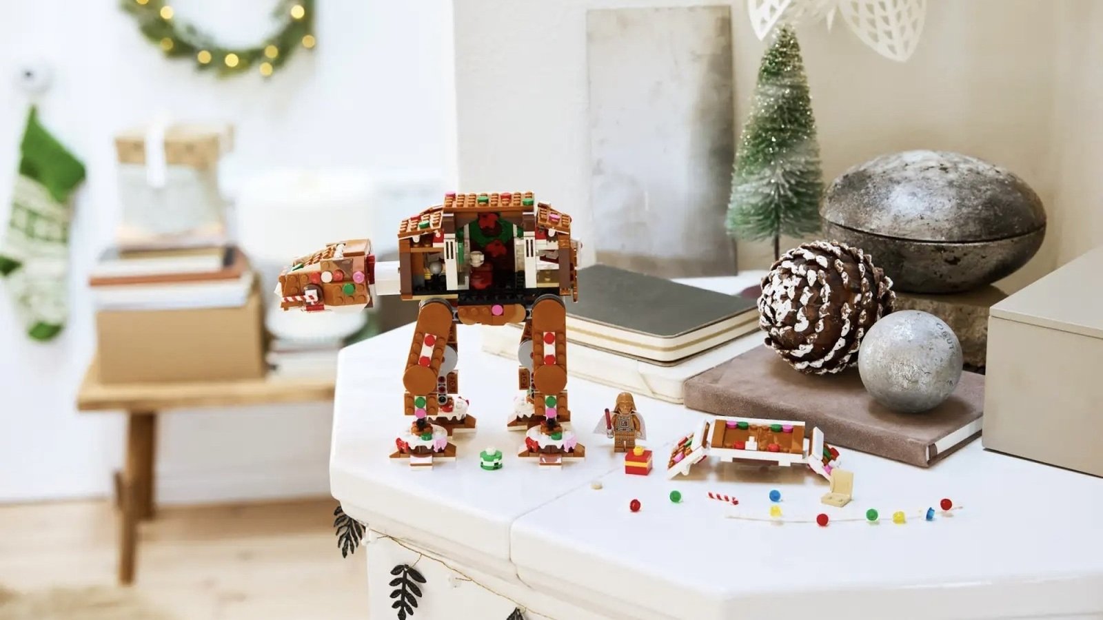 lego gingerbread at-at walker on mantel