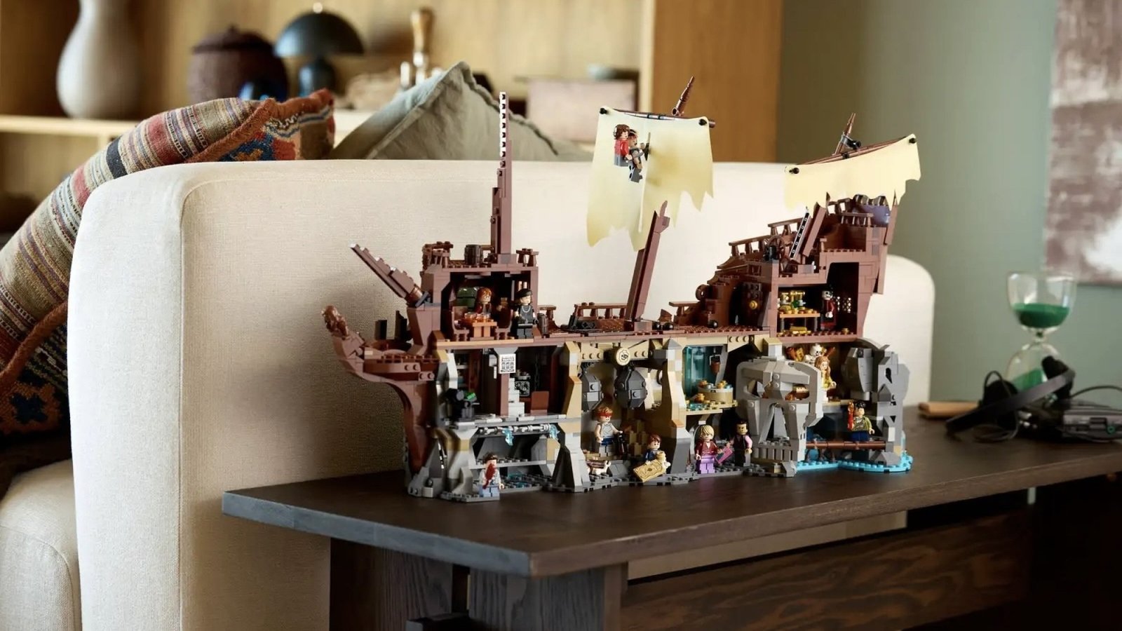 Lego Ideas The Goonies set on side table next to couch in living room