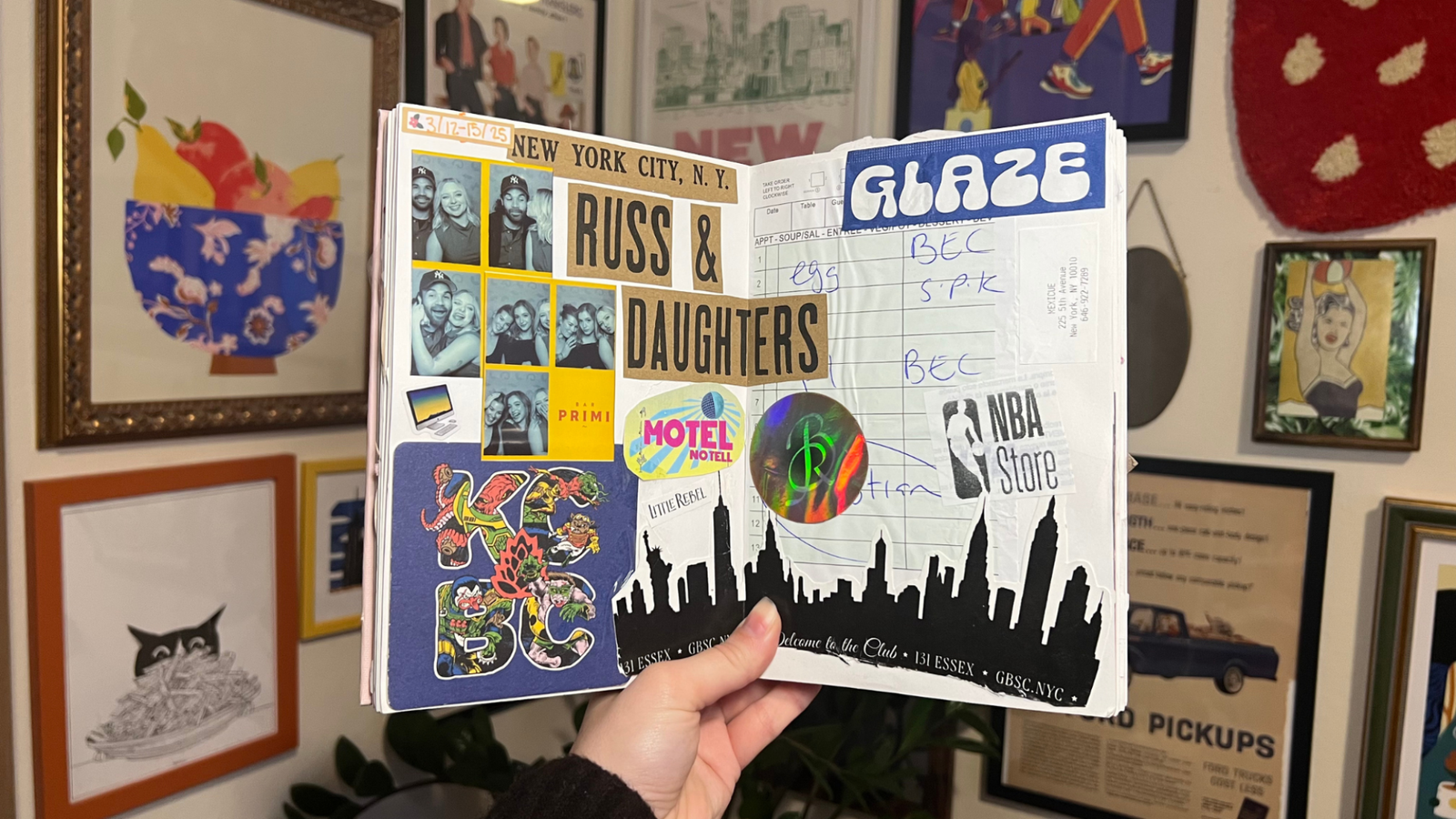 junk journal spread with photos, deli receipt, coaster, and stickers