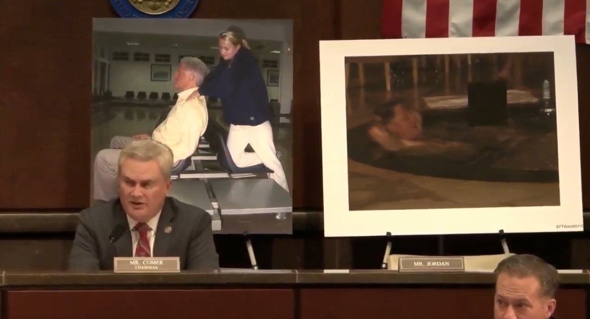 A congressional hearing featuring Mr. Comer speaking, with two images displayed, one showing a man in a chair and the other depicting a person in a pool.