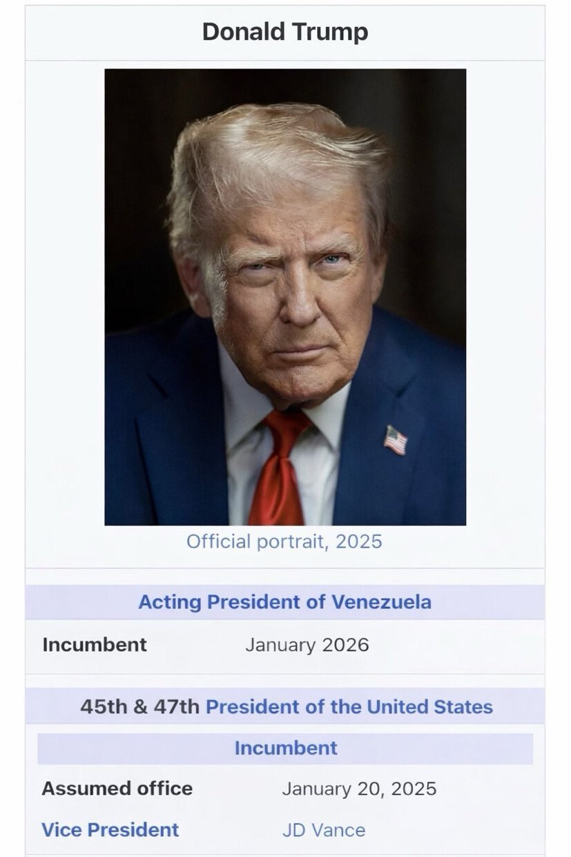 Official portrait of Donald Trump, 45th and 47th President of the United States, serving as Acting President of Venezuela starting January 2026.