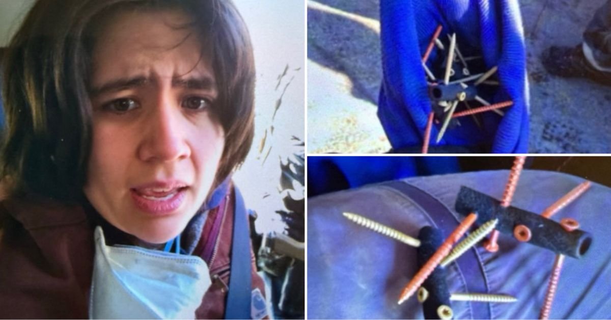 A concerned individual appears shocked while showing a close-up of screws embedded in a surface, highlighting a potentially hazardous situation.