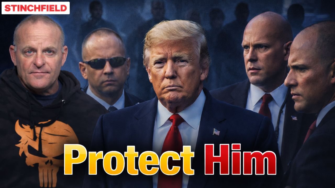 Image featuring a group of men, including a prominent figure in the center, surrounded by security personnel, conveying a message of protection and vigilance.