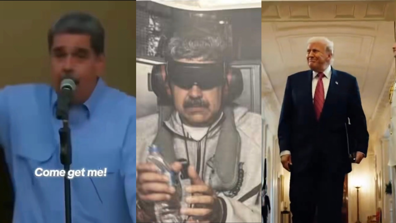 Three political figures in distinct settings: a speaker at a podium, a blindfolded individual in a controlled environment, and a former president walking in an official corridor.