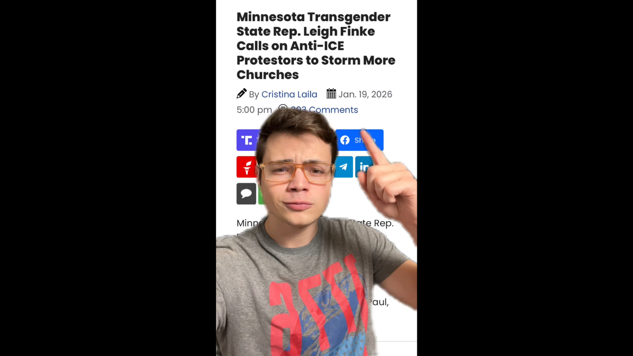 Image of a person emphasizing a point, with a headline about Minnesota State Representative Leigh Finke calling for anti-ICE protests at churches.