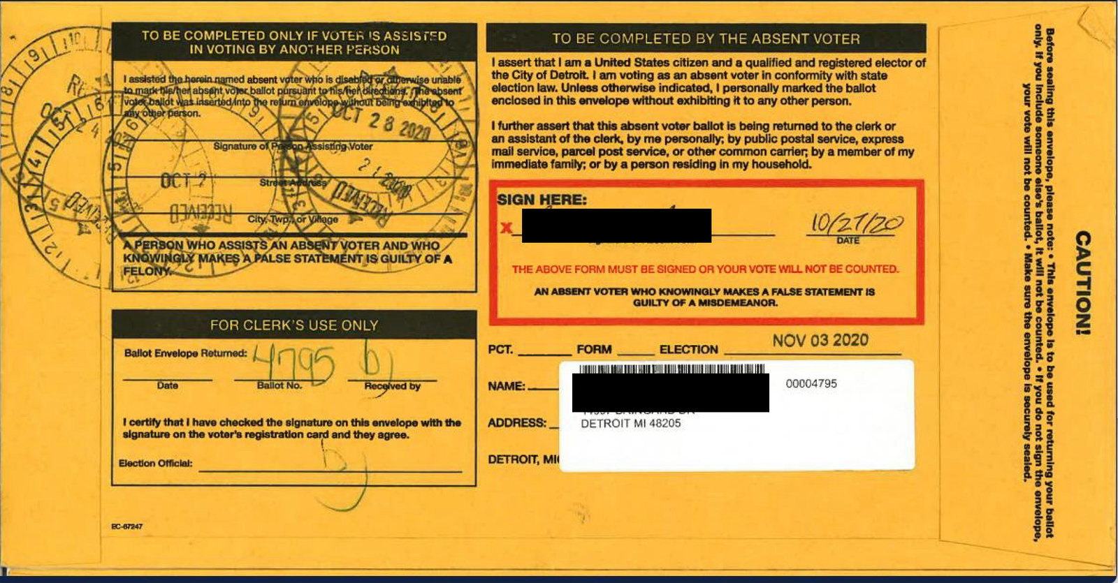 Absentee ballot envelope from Detroit, featuring instructions for assisting voters, signature requirements, and warnings about false statements, dated October 27, 2020, for the November 3 election.