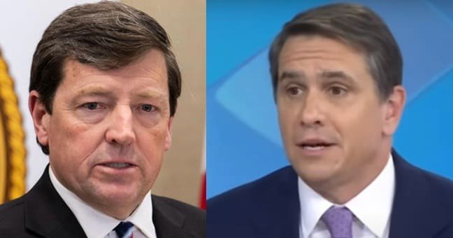 Two men in professional attire, one with a serious expression and the other speaking on a news segment, representing political and media contexts.