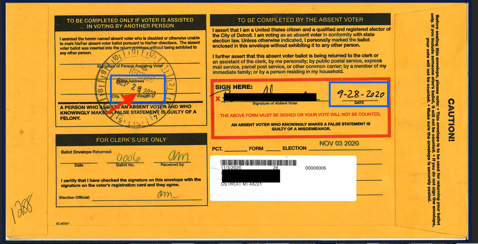 Absentee voter ballot envelope showing instructions, signature sections, and important dates for election return in Detroit, Michigan.