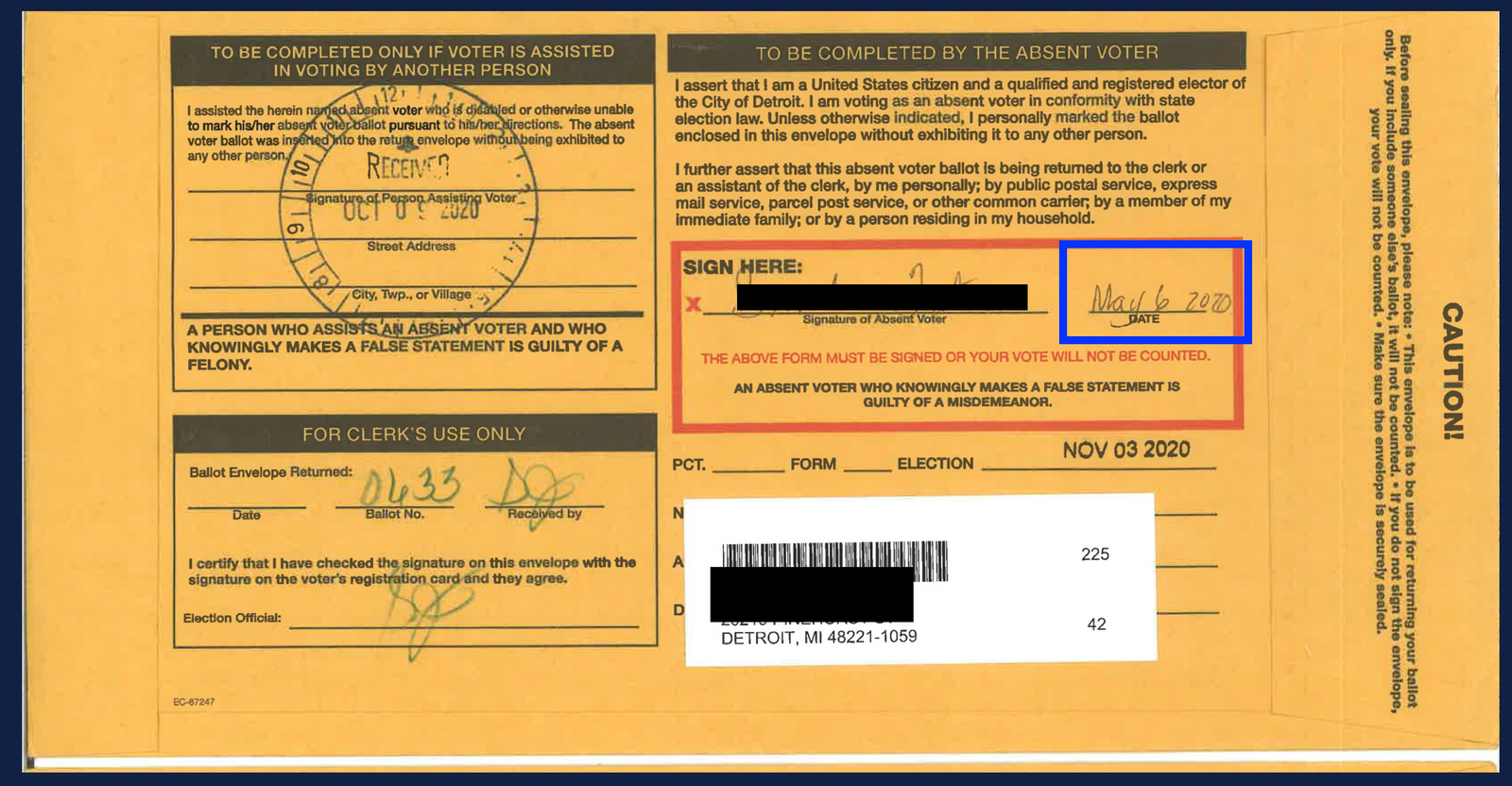 Absentee ballot envelope for the November 3, 2020 election in Detroit, including sections for voter assistance, signature verification, and official use.