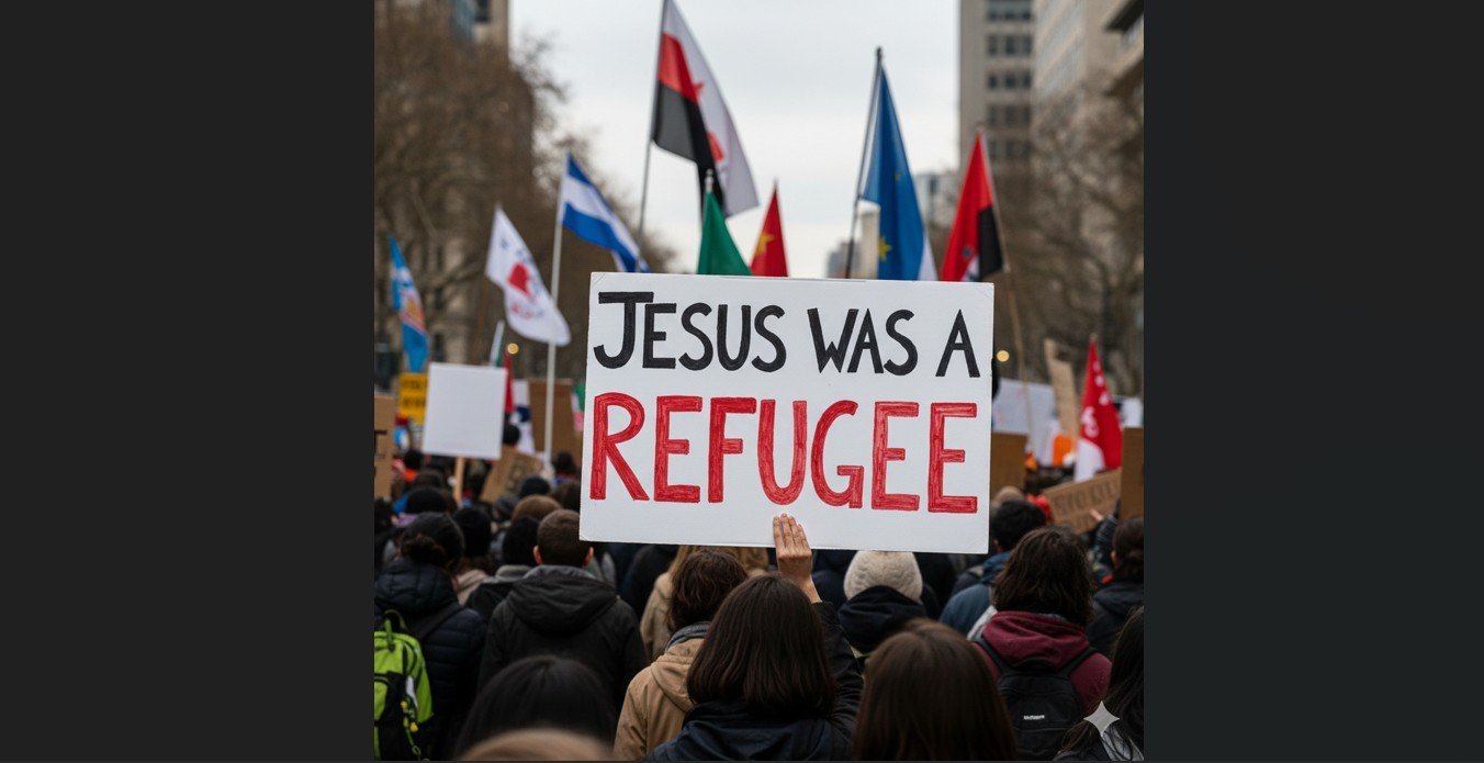 Protesters hold a sign reading Jesus was a refugee, highlighting social justice issues and advocating for refugee rights during a demonstration with various flags in the background.