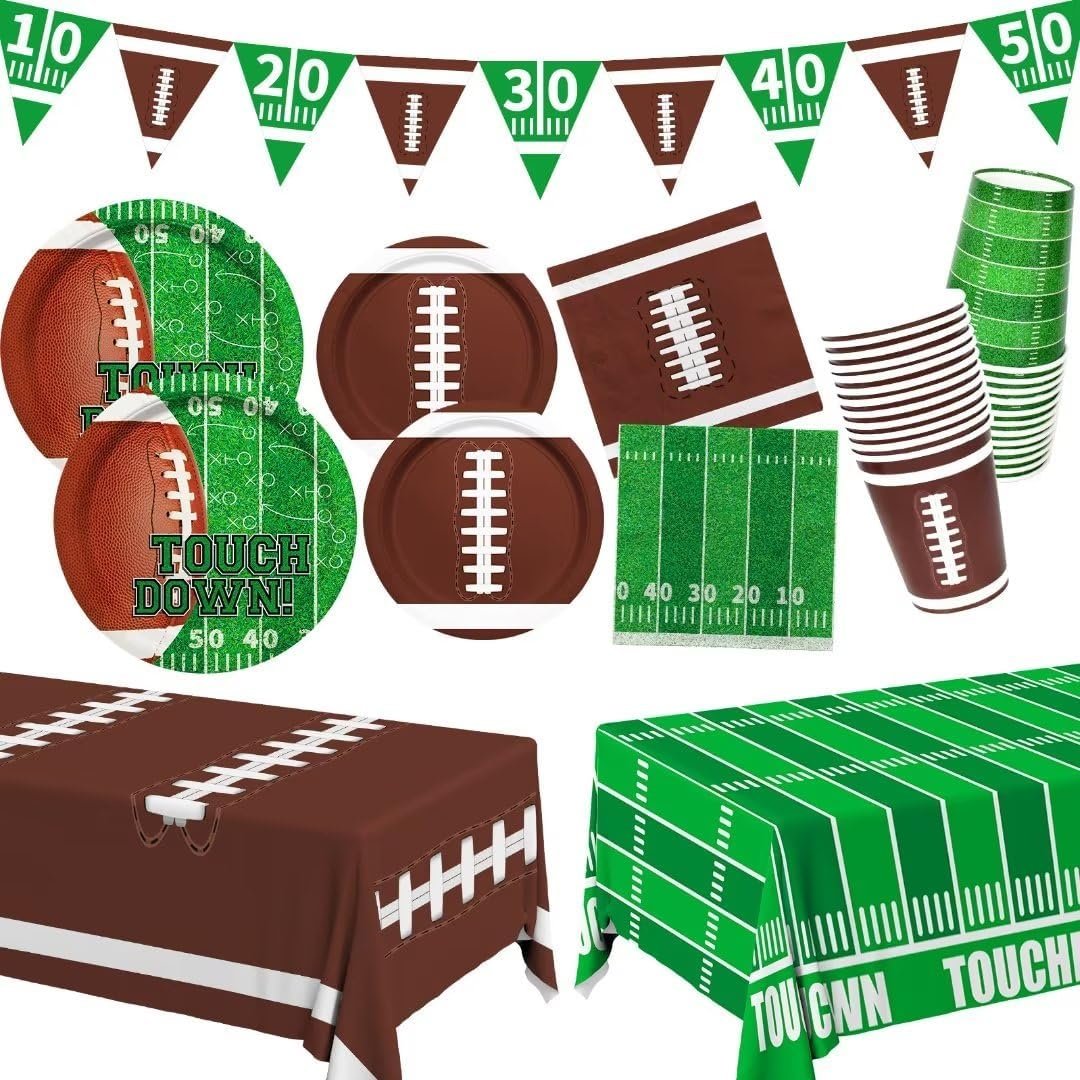 football-themed table runners, cups and plates