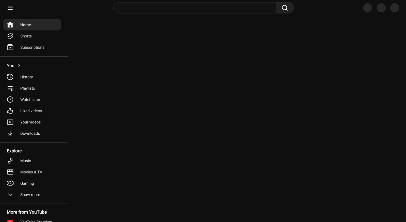 The YouTube homepage goes dark in this screenshot