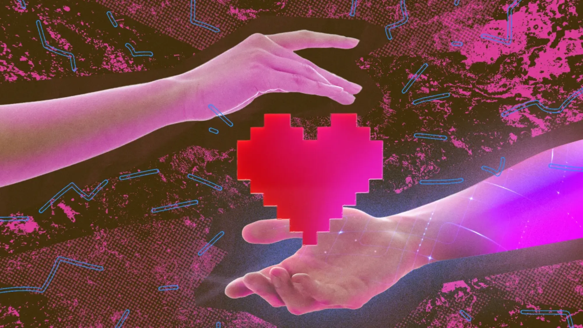 illustration of two hands hovering around a pixelated heart
