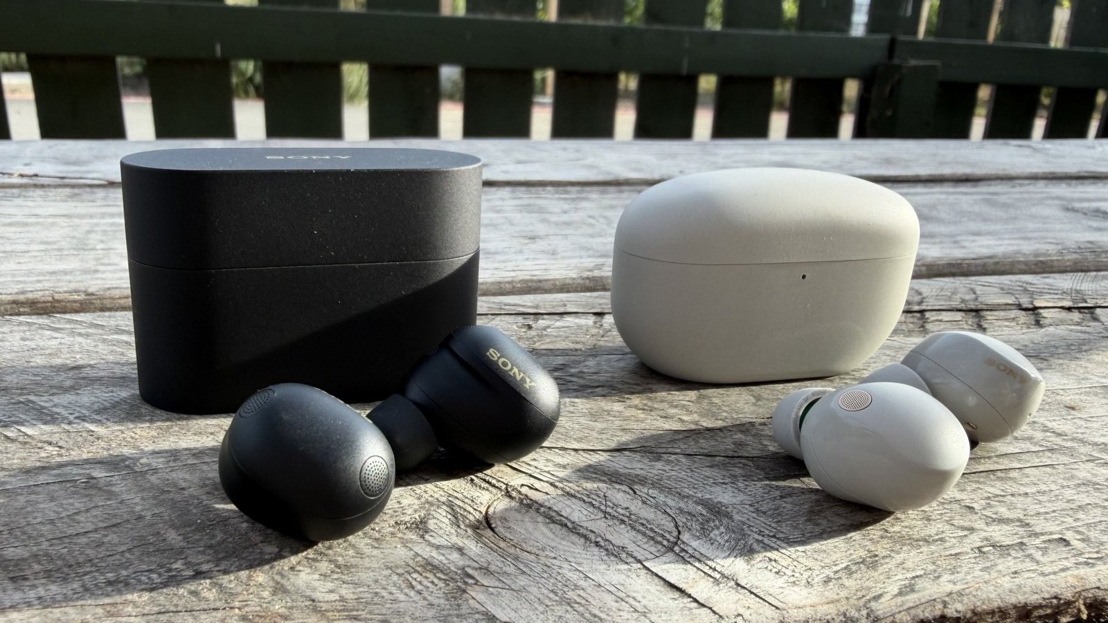 black xm6 earbuds next to gray xm5 earbuds on picnic table