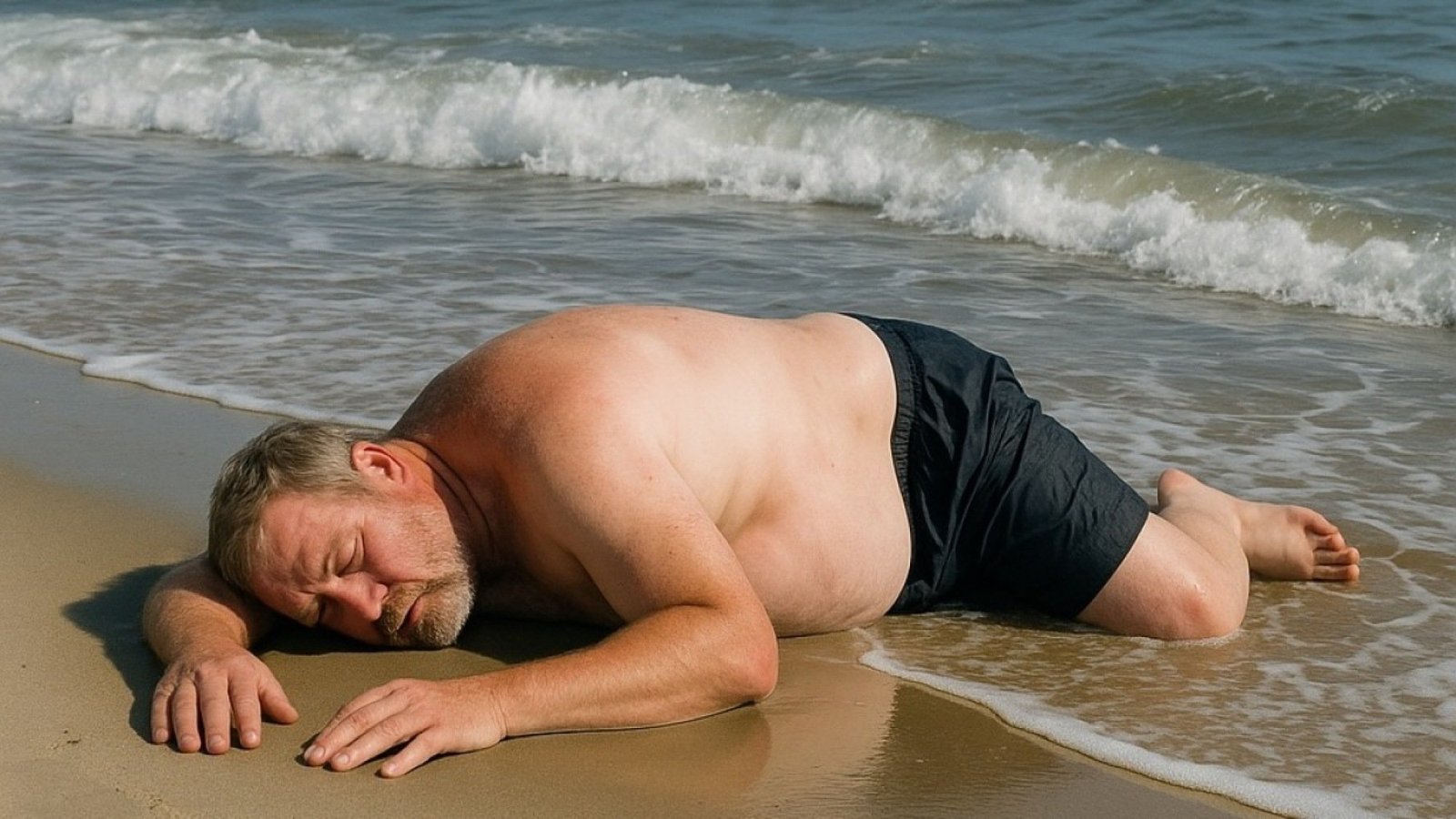 A white, middle-aged man lying unconscious on a beach, wearing swimming trunks. The image was generated by AI.