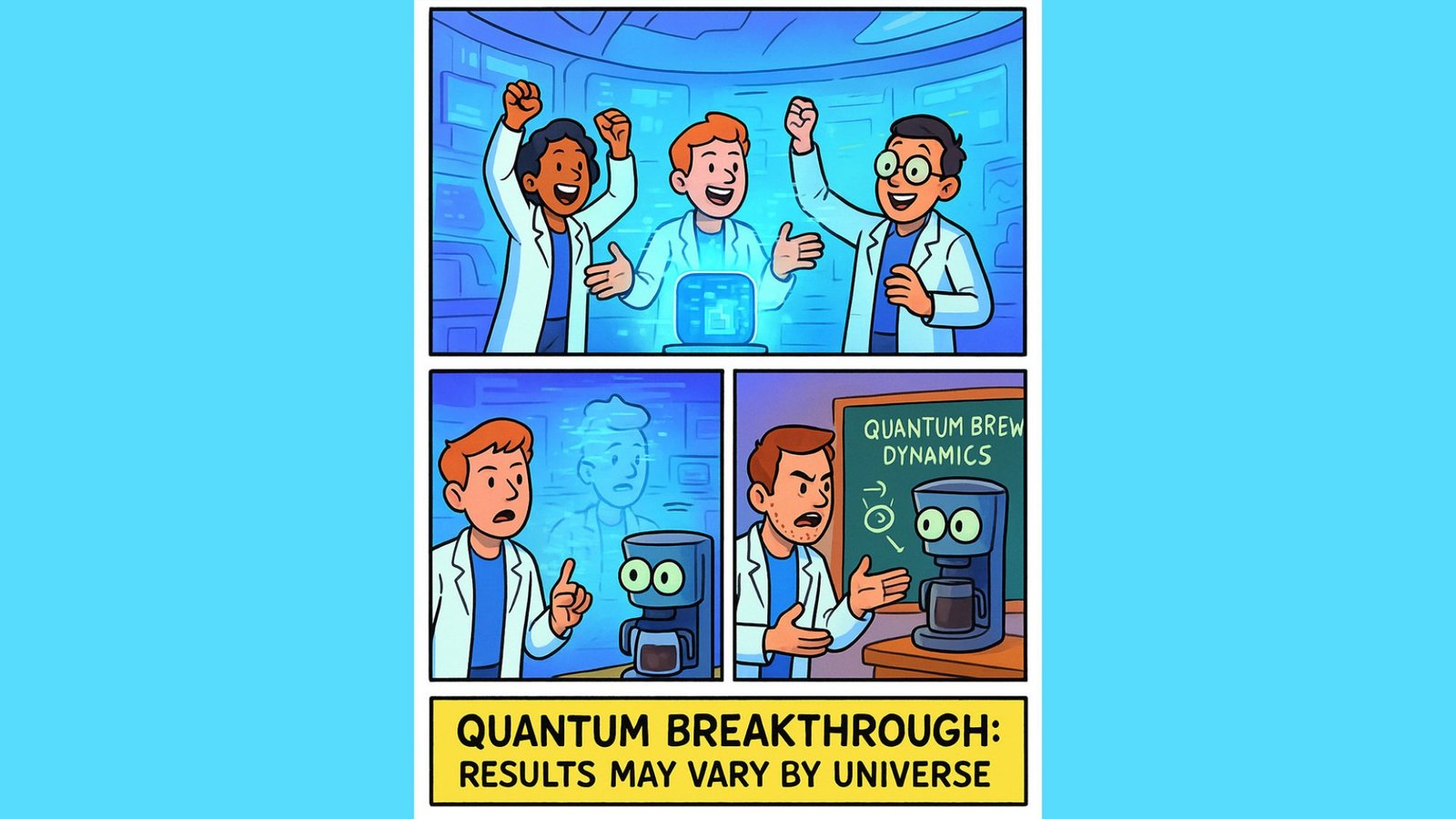 A three-panel cartoon. In one panel, scientists are celebrating in a technology-laden room. In the second, a scientist is talking to a sentient coffee maker. In the third panel, a scientists is arguing angrily with the same coffee maker in front of a chalkboard reading "Quantum brew dynamics." At the bottom of the cartoon is the caption "Quantum breakthrough: results may vary by universe."