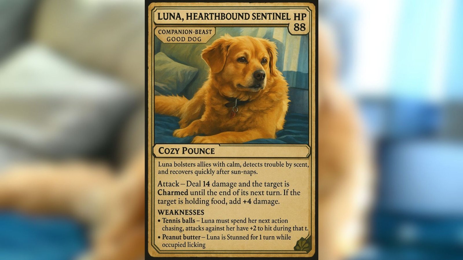 a chatgpt-created image of a fantasy playing card featuring a dog named luna