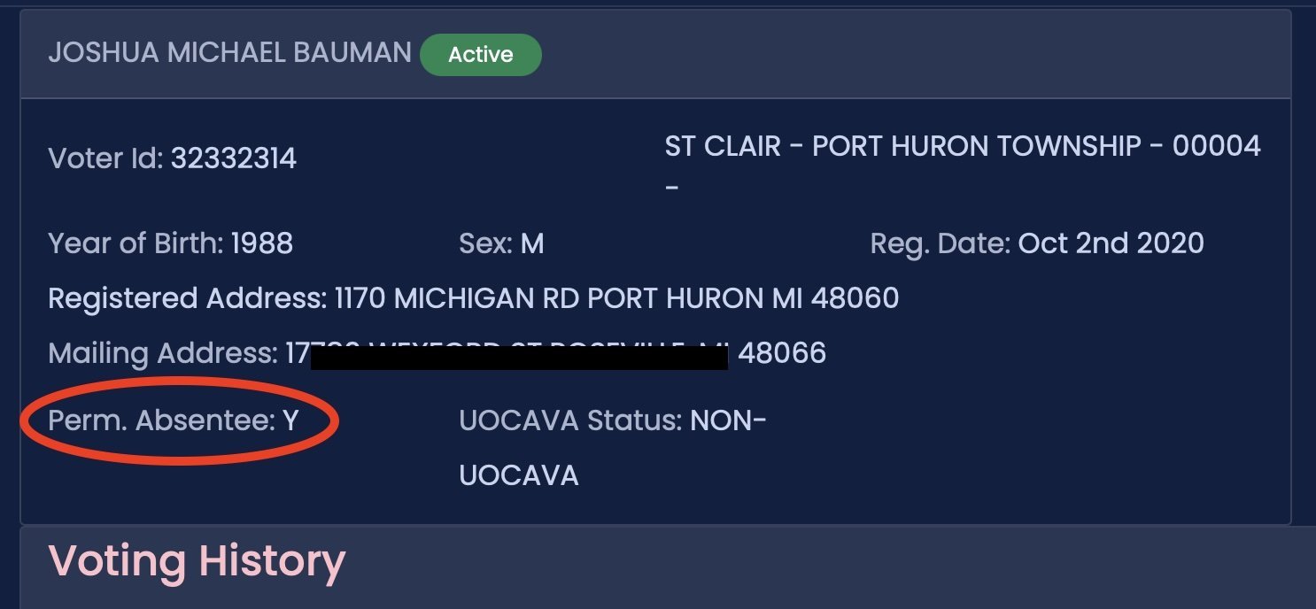 Voter registration details for Joshua Michael Bauman, including address, birth year, and permanent absentee status in Port Huron Township, Michigan.
