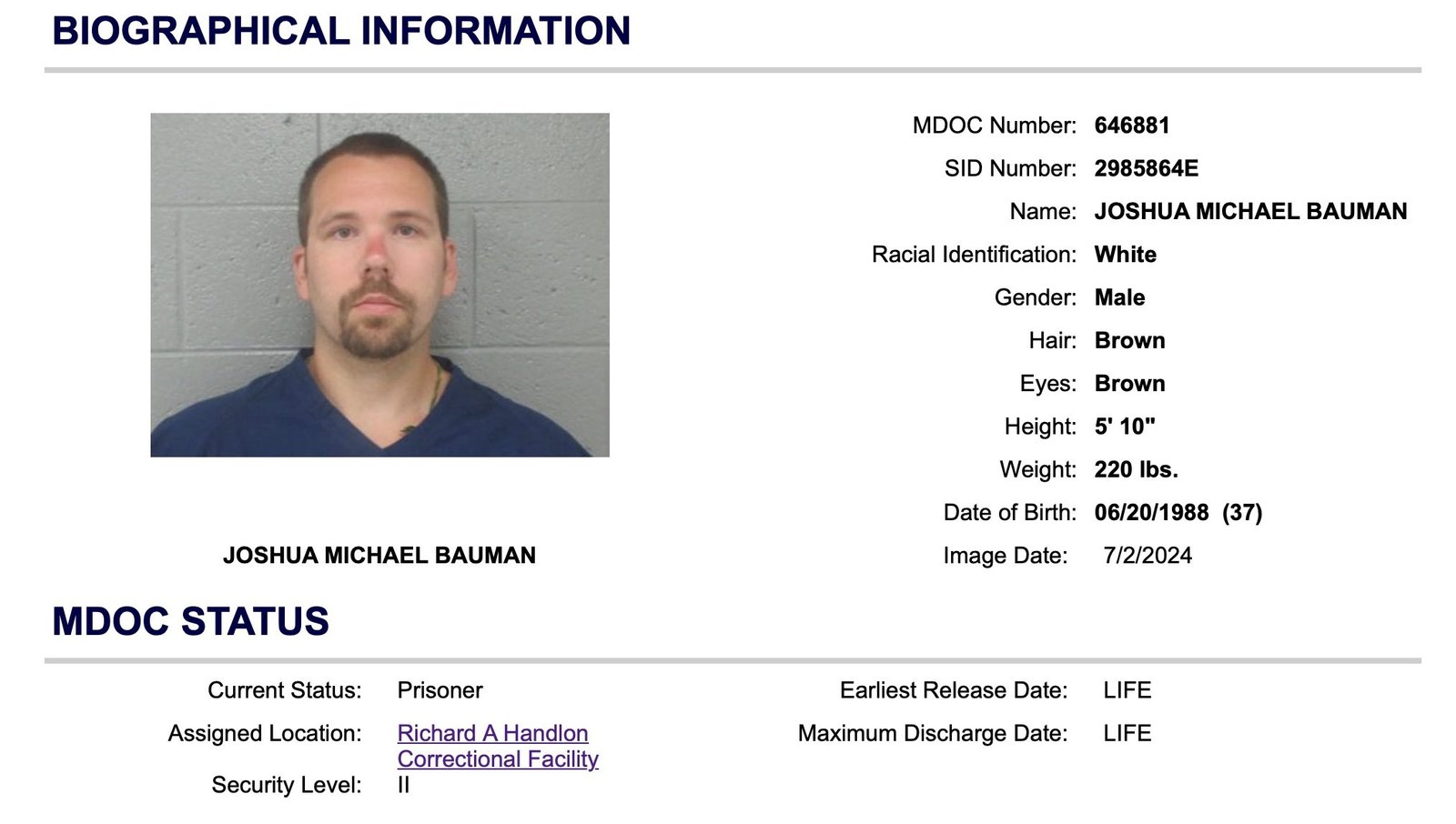 Mugshot of Joshua Michael Bauman, a 37-year-old white male prisoner, with brown hair and eyes, currently incarcerated at Richard A Handlon Correctional Facility.