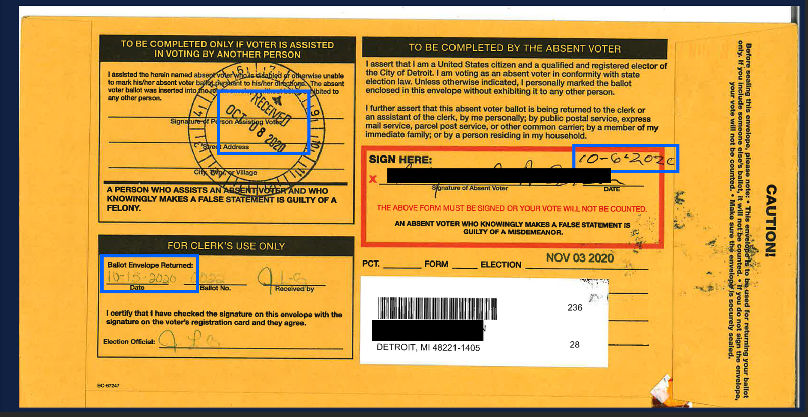Absentee ballot envelope from Detroit, Michigan, with instructions for voter assistance and signature requirements, dated November 3, 2020.