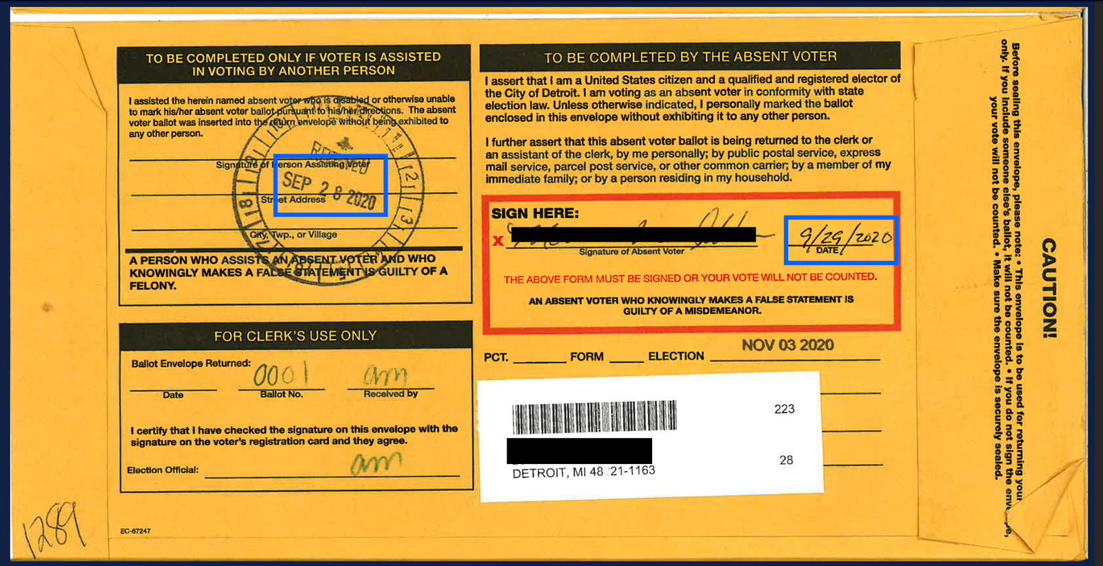 Absentee ballot envelope for voters needing assistance, including sections for signatures, addresses, and certification, dated September 28, 2020, for the November 3, 2020 election.