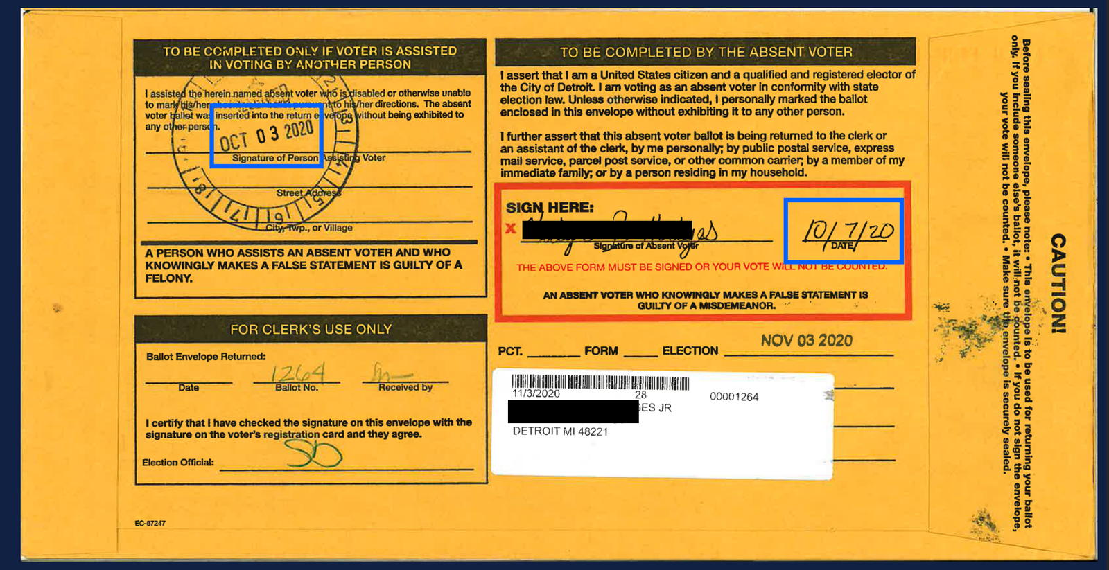 Absentee voter ballot envelope with completed signature and date, used for returning ballots in Detroit's election process.