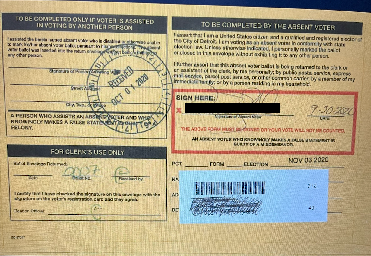 Absentee ballot assistance form for voters unable to mark their ballots, including signatures and compliance with election laws for the City of Detroit.