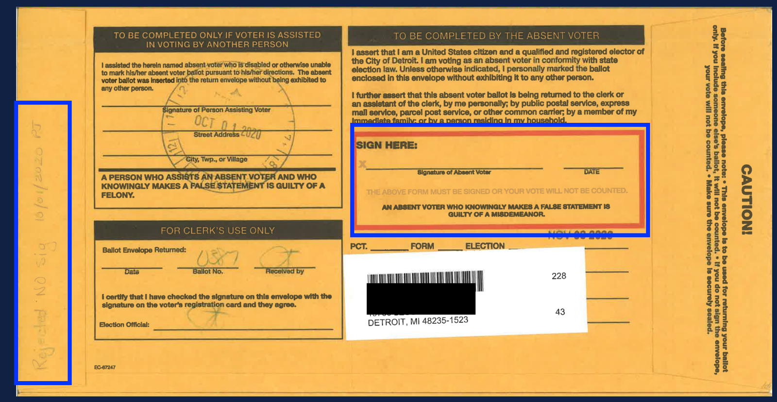 Absentee ballot envelope showing instructions for voter assistance, signature requirements, and rejection notice for missing signature in Detroit, Michigan.