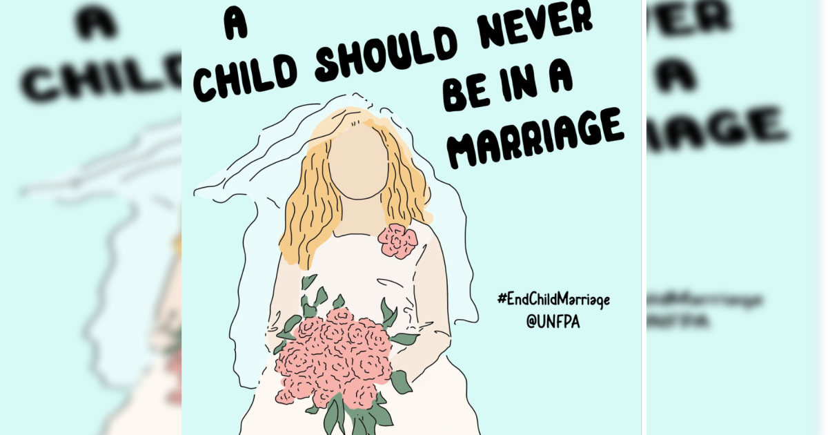 Illustration advocating against child marriage, featuring a child in a wedding dress holding flowers, with bold text emphasizing that a child should never be in a marriage.