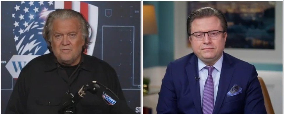 Steve Bannon and a guest discuss political topics during a broadcast, featuring a backdrop with American flag motifs and digital graphics.