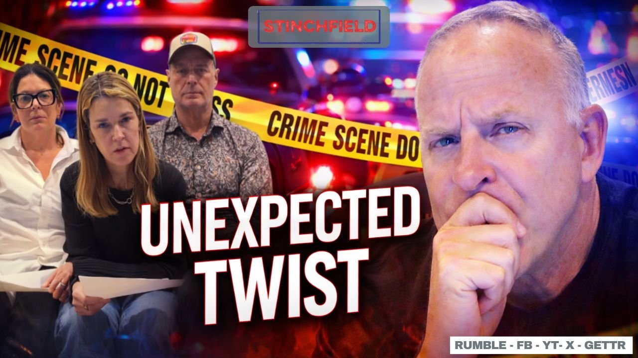 Image depicting a crime scene discussion with four individuals in front of police lights and caution tape, highlighting an unexpected twist in the narrative.