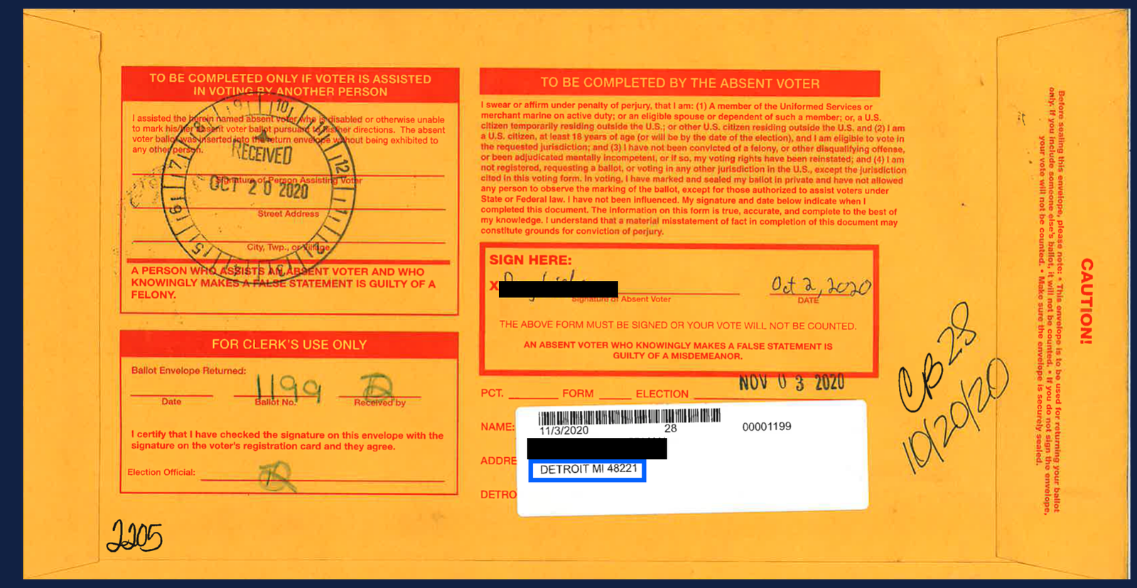 Absentee ballot envelope from Detroit, Michigan, received on October 20, 2020, containing voter assistance information and signature verification details.