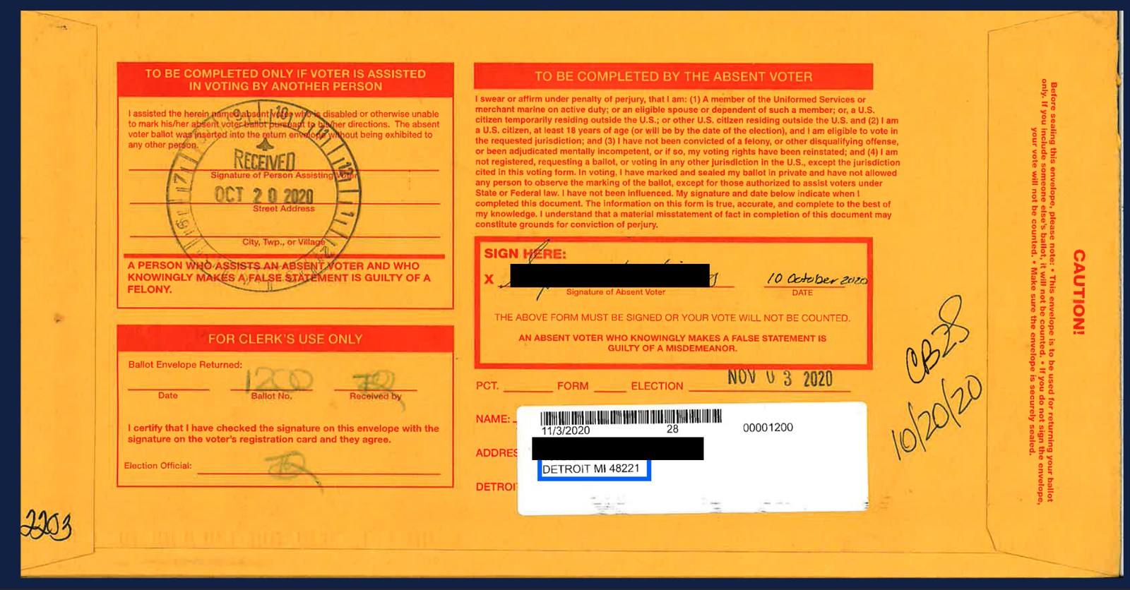 Absentee ballot assistance form for voters unable to vote independently, detailing signature requirements and legal warnings regarding false statements.