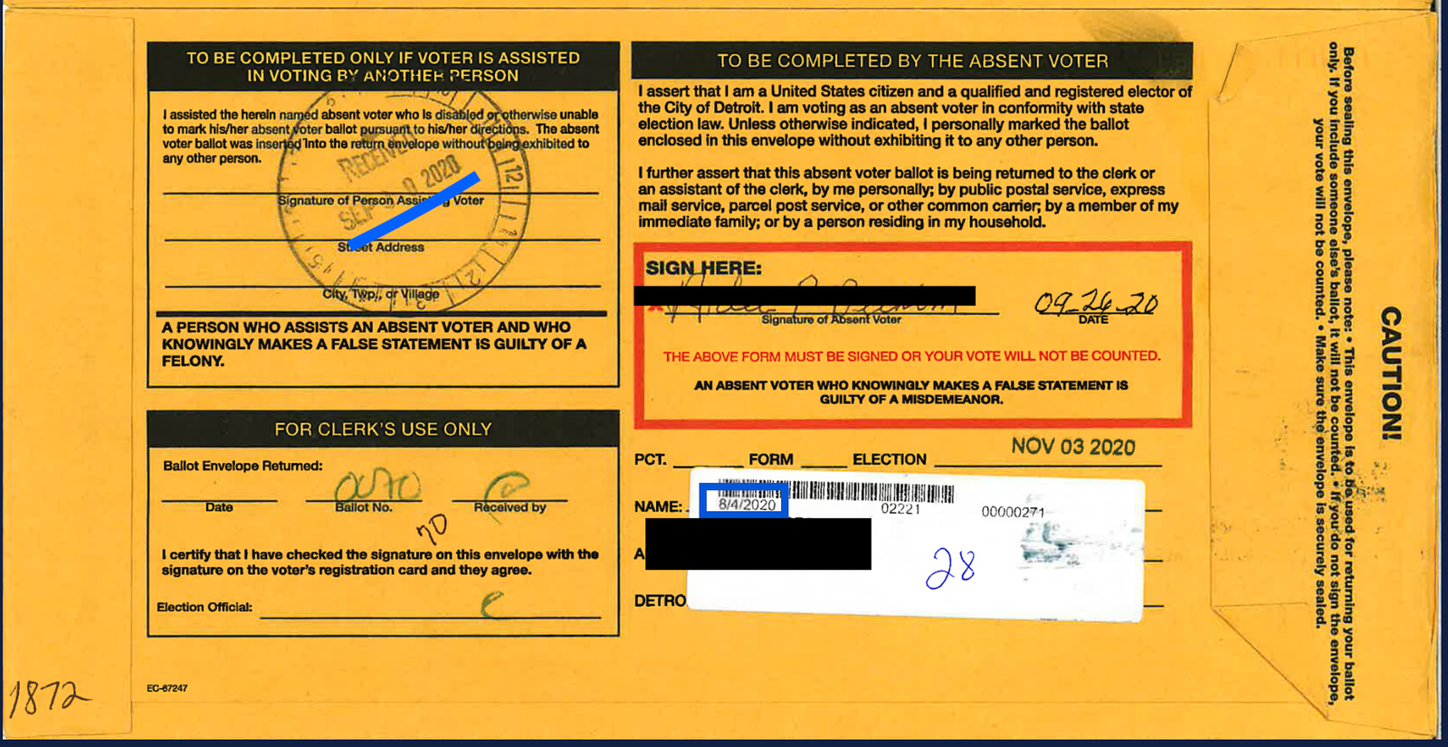 Absentee voter ballot envelope with instructions for voter assistance, signature requirements, and cautionary notes about the voting process in Detroit, Michigan.