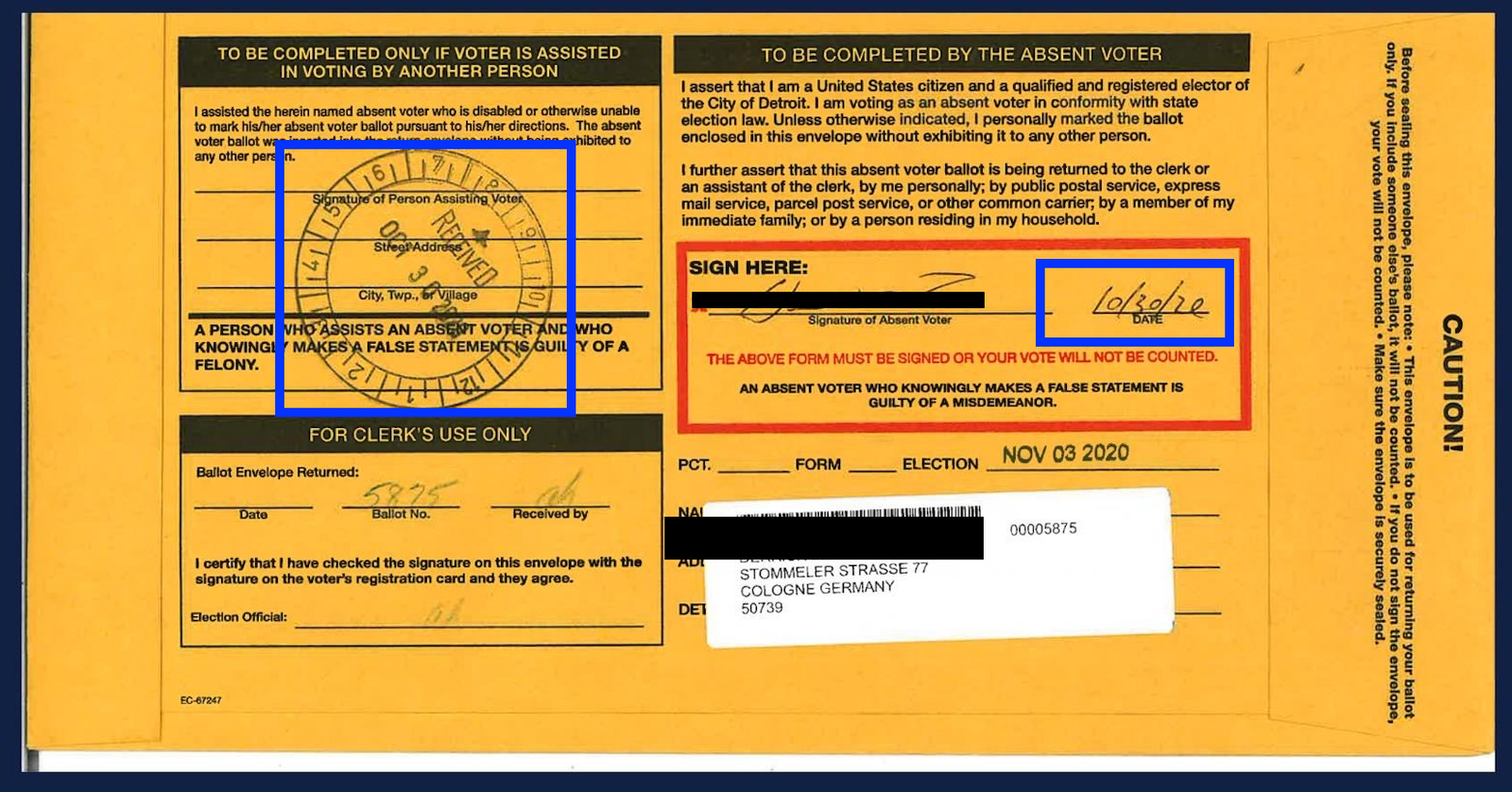 Absentee ballot envelope showing instructions for completion and signature requirements for voters, ensuring compliance with voting regulations.