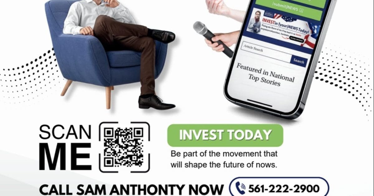 Promotional graphic encouraging investment, featuring a person seated in a blue chair, a QR code, and contact information for Sam Anthony.