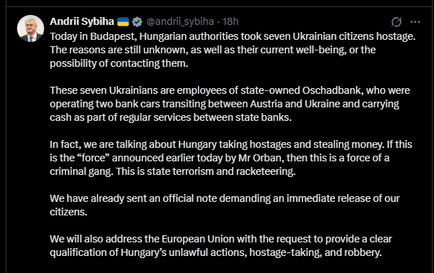 Hungarian authorities took seven Ukrainian citizens hostage in Budapest, raising concerns about their well-being and prompting official demands for their immediate release.
