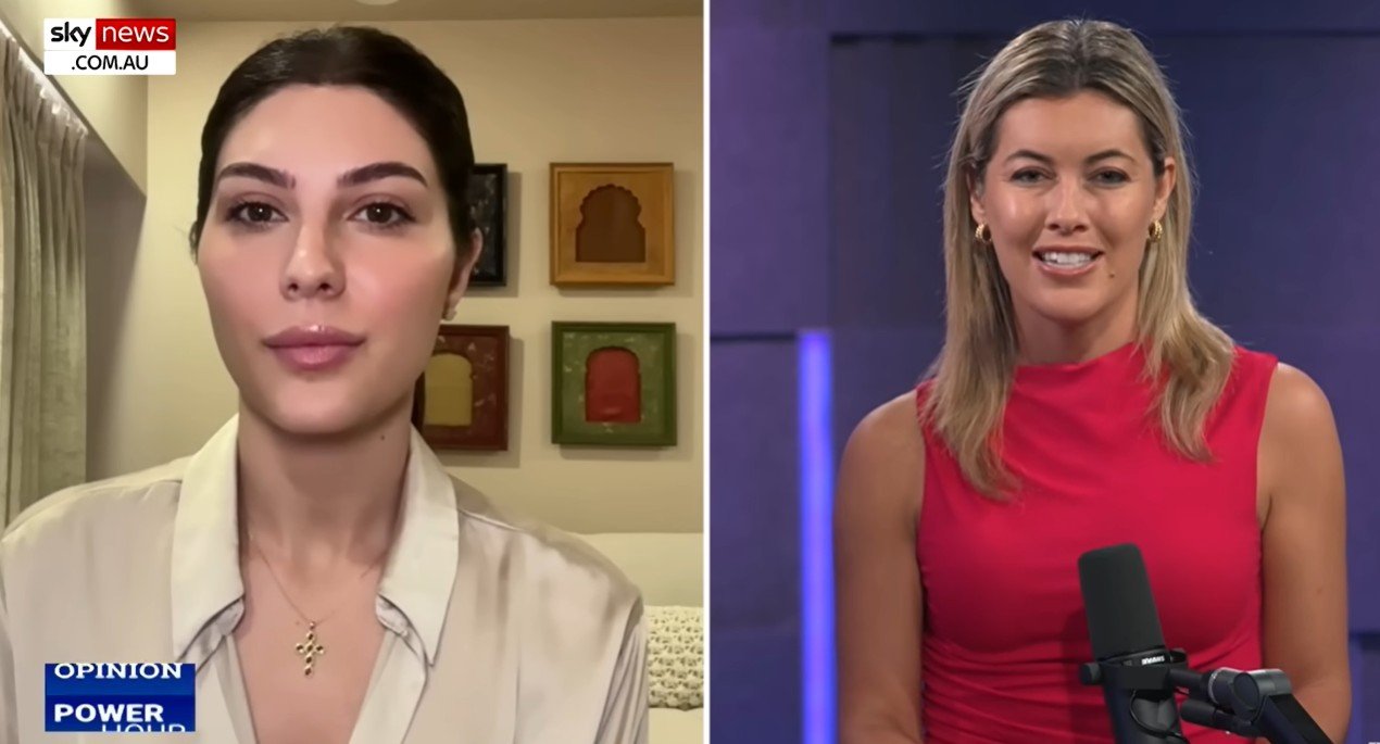 Two women on a news segment, one speaking from a home studio and the other in a red dress, discussing current events on Sky News Australia.