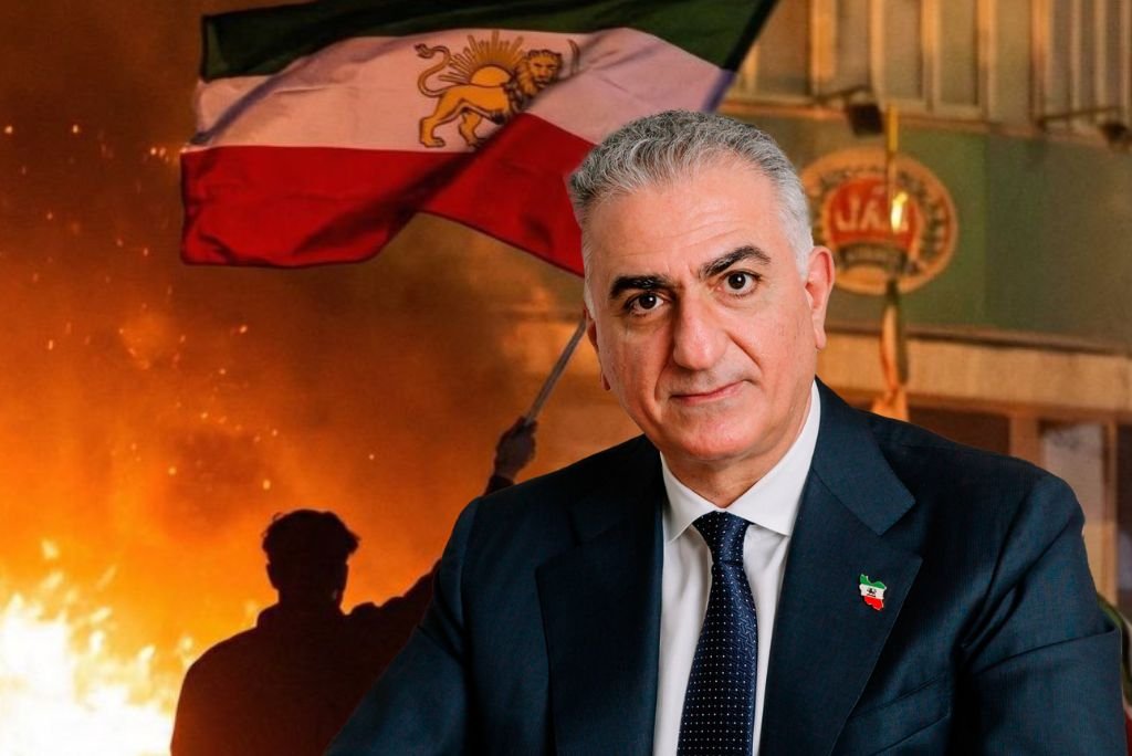Portrait of a man in a suit with a background of protests and flames, featuring the Iranian flag, symbolizing political unrest and activism in Iran.