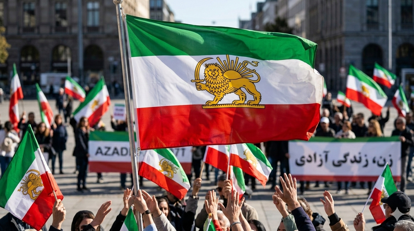 Protesters wave Iranian flags and banners in a demonstration advocating for freedom and rights, highlighting cultural and national identity.