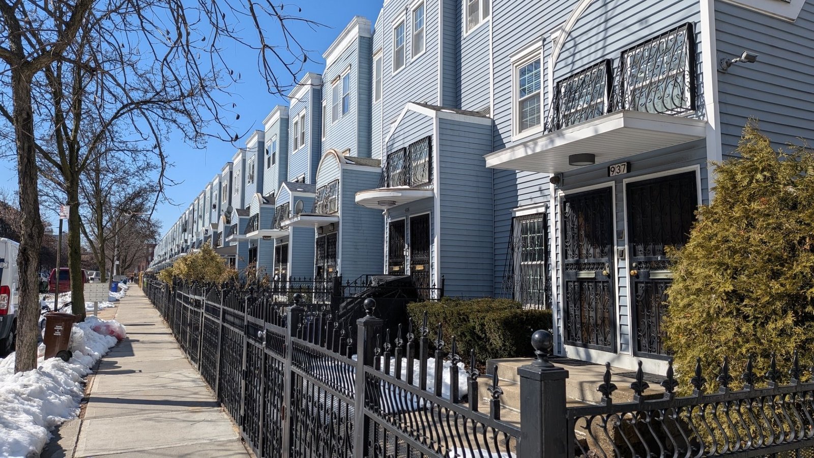 A ton of bright blue houses in Brooklyn