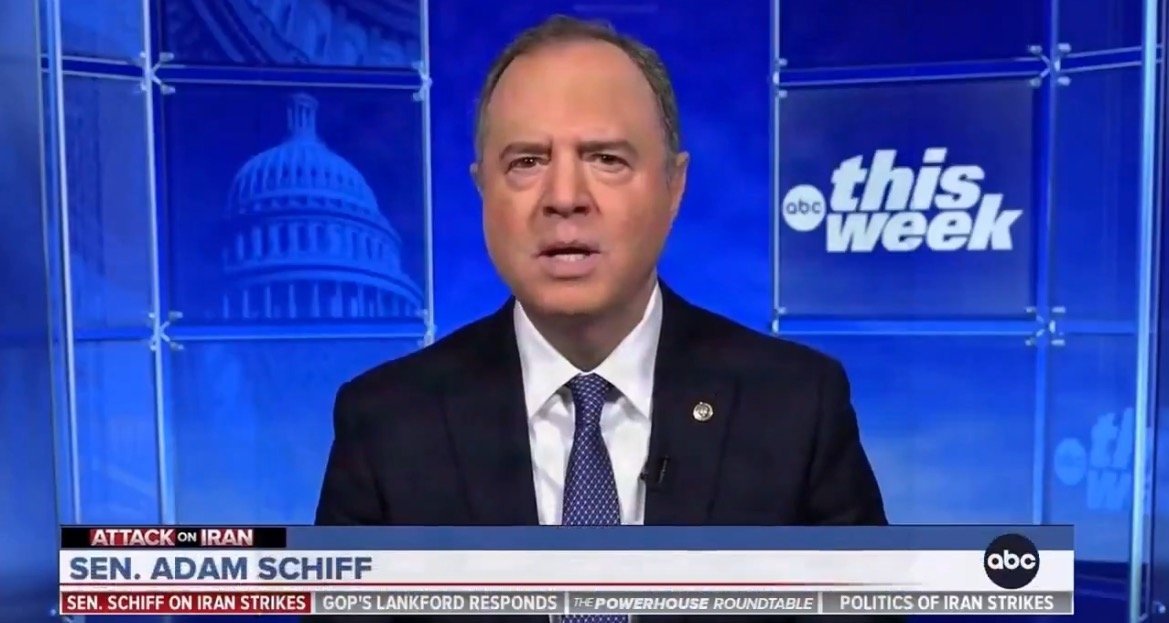 Senator Adam Schiff discusses U.S. policies on Iran during an interview on ABC's This Week, featuring a backdrop of the U.S. Capitol.
