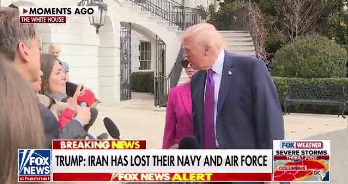 Donald Trump speaking to reporters outside the White House, discussing Iran's military status amid a press event.